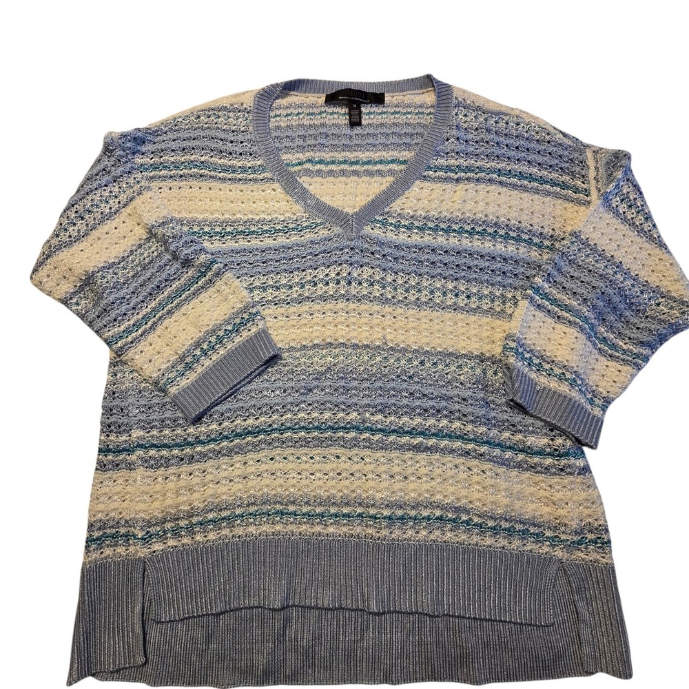 WHBM V-Neck Sweater Women M Blue Striped Good Open Knit 3/4 Sleeve Pullover - Picture 11 of 11